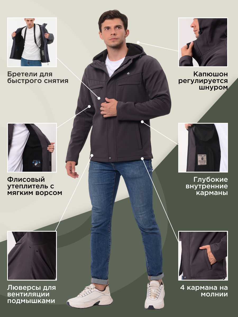 Демисезонная мужская мембранная куртка Софтшелл Комби, цвет графит измембранной ткани